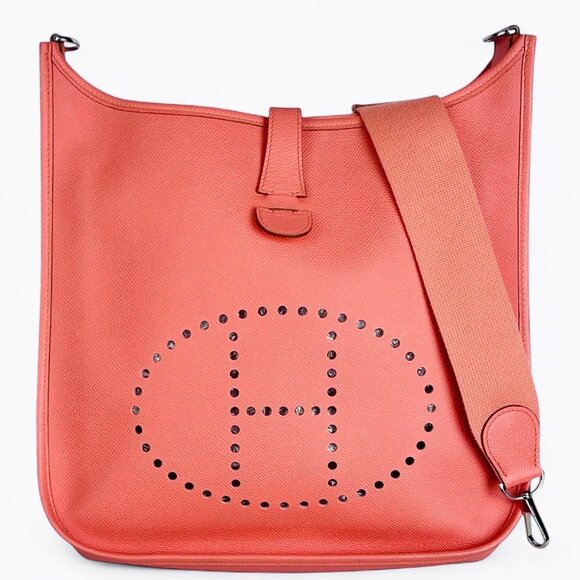 HERMES Epsom Evelyne III GM Crevette Clemence Leather Shoulder Bag Peach Strap - Picture 1 of 16
